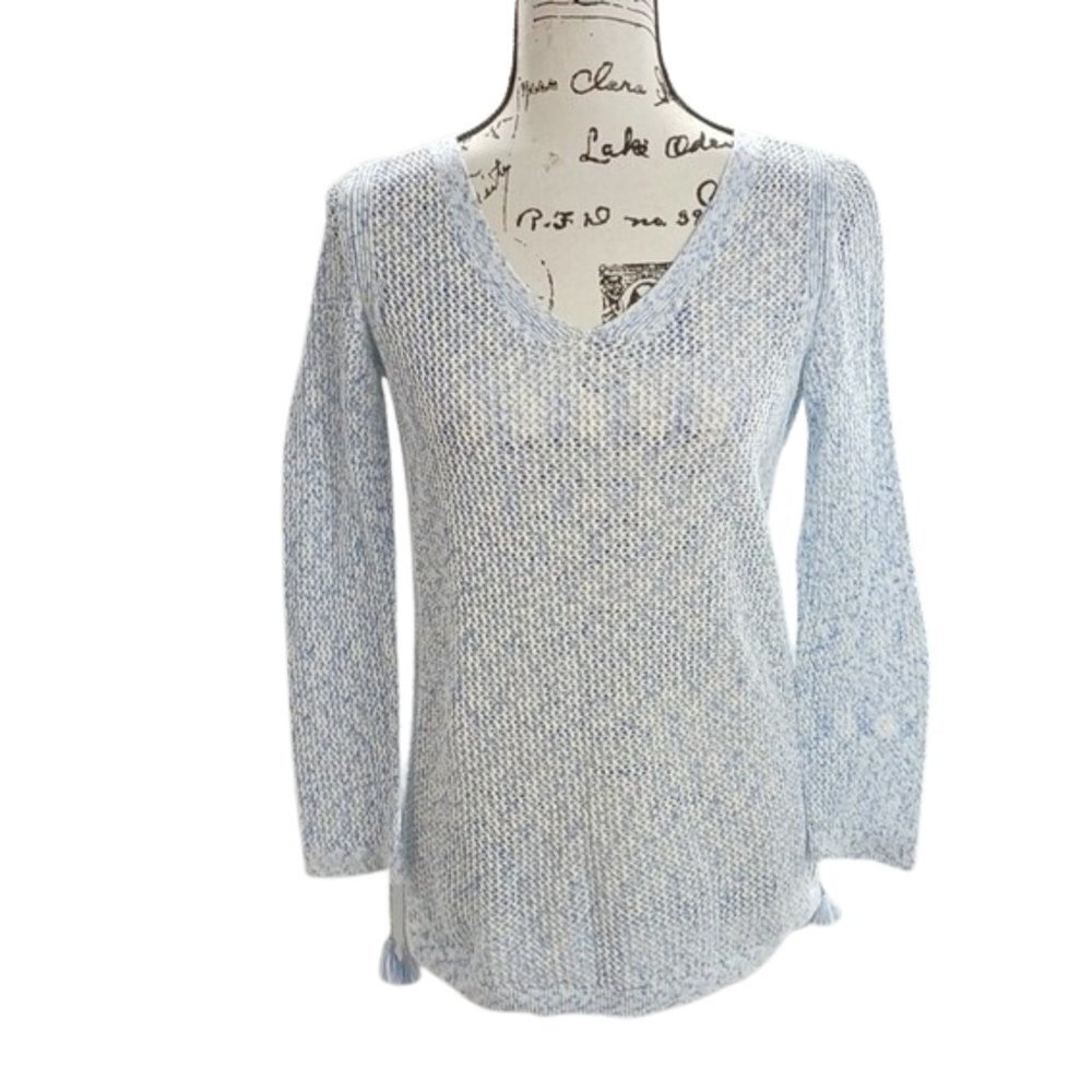 Talbots Sweater Womens XS Light Blue Knit Long Sleeve V Neck Pullover Tassled